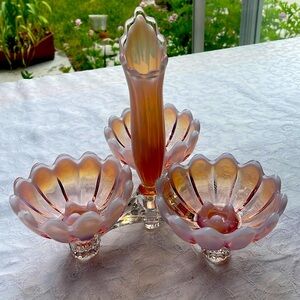 Vintage  Fostoria Pink Opalescent Heirloom Table Charm Epergne candle holder set